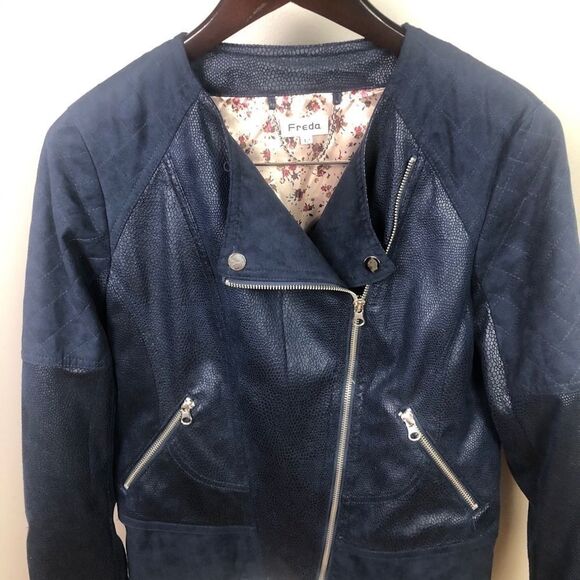 Freda (UK Boutique) Blue Biker Moto Jacket Size 12 - Picture 3 of 11